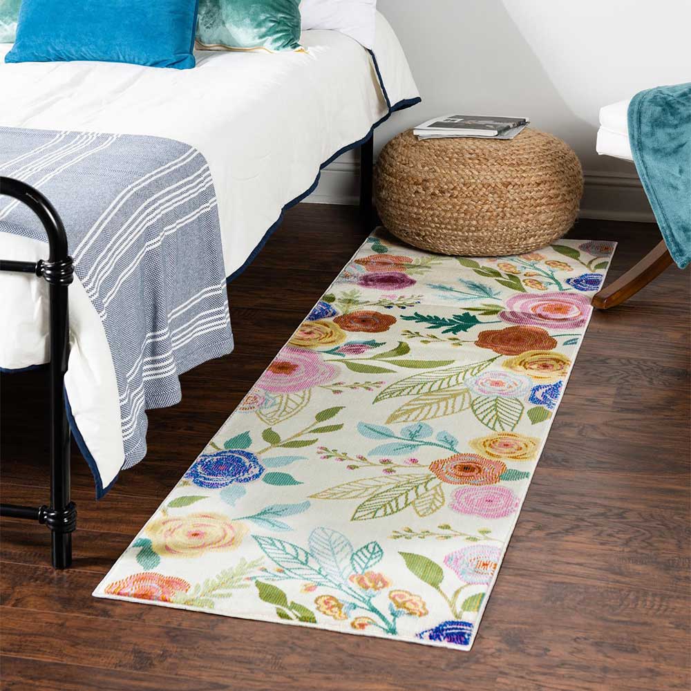 Bunter Kurzflor Teppich Yaderra mit Blumen Motiv - rechteckig