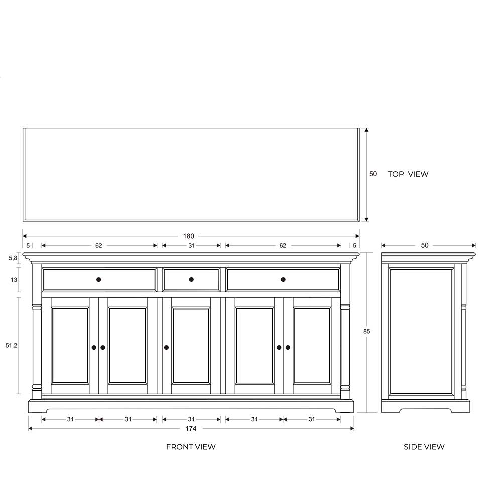 Sideboard Landhausstil Relisas in Weiß 180x85x50 cm