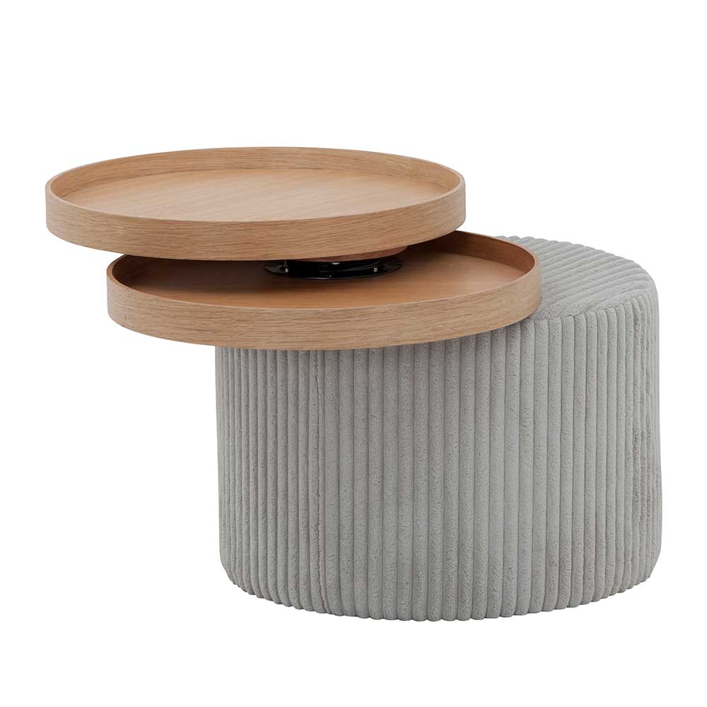 Design Beistelltisch Posky in Hellgrau Cord mit schwenkbaren runden Tabletts