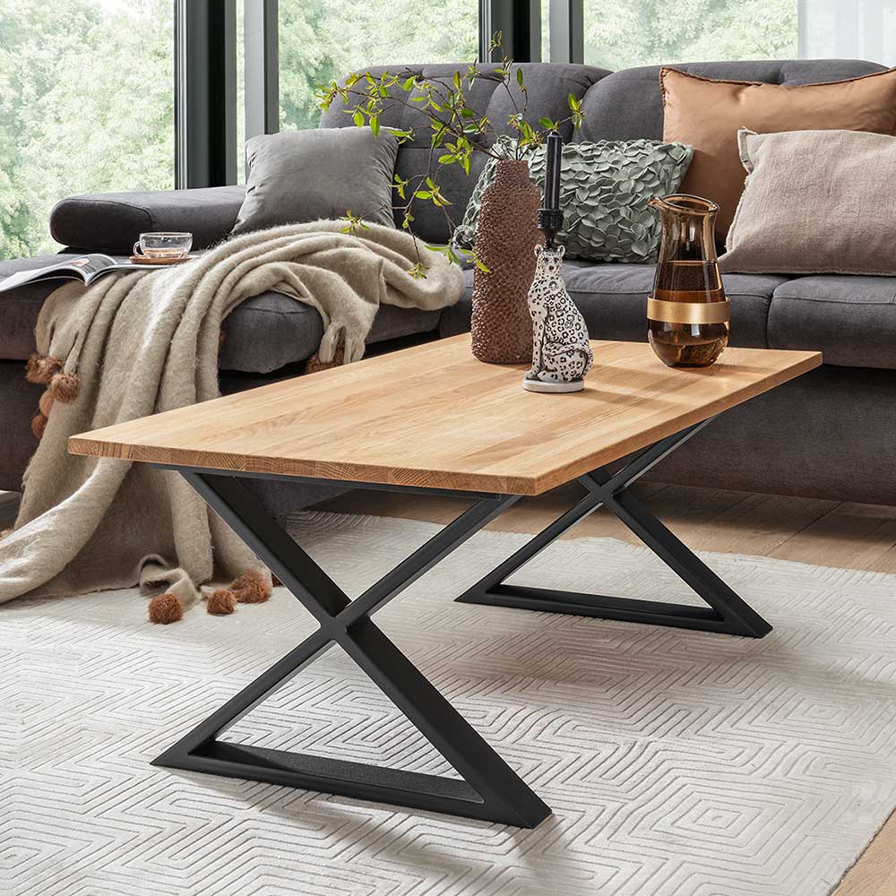 Sofa Tisch Factory Style Stramas aus Eiche Massivholz und Metall