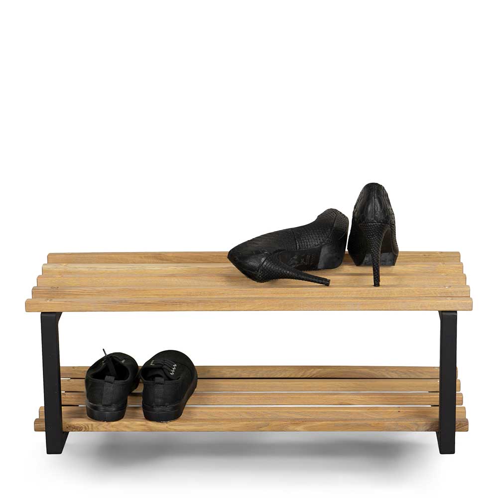 Schuh Garderobenregal Usmino aus Eiche Massivholz und Stahl in Schwarz