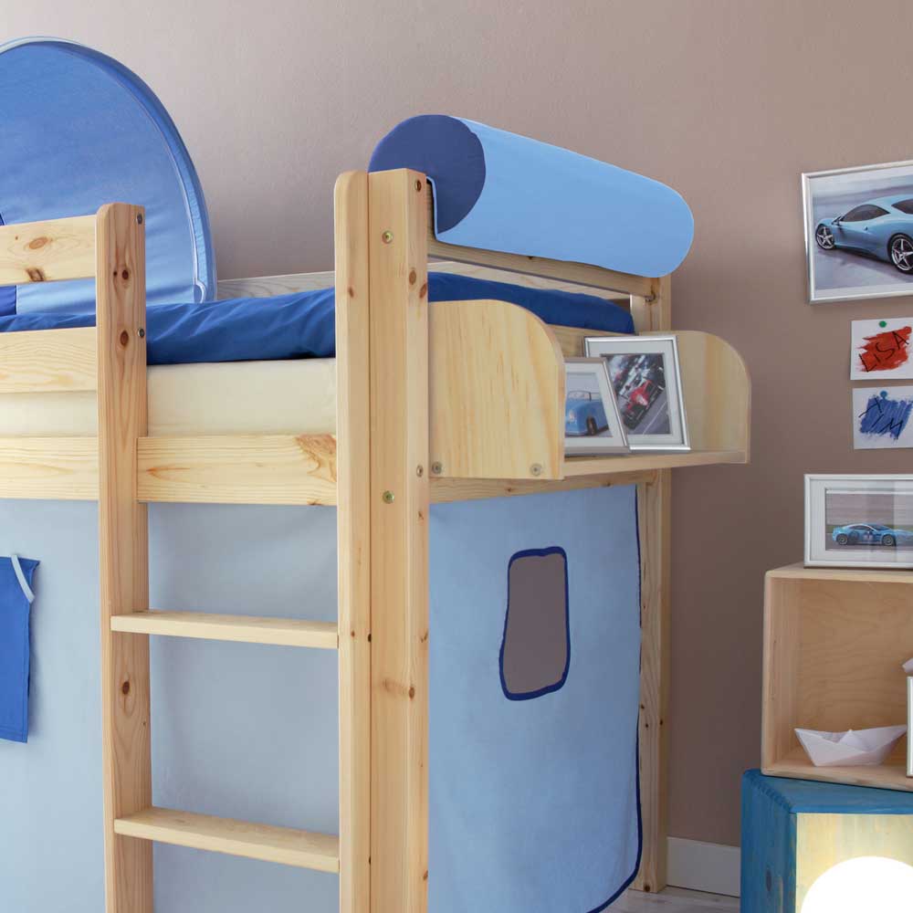 Halbhohes Kinderbett Sinito aus Kiefer Massivholz mit Tunnel in Blau