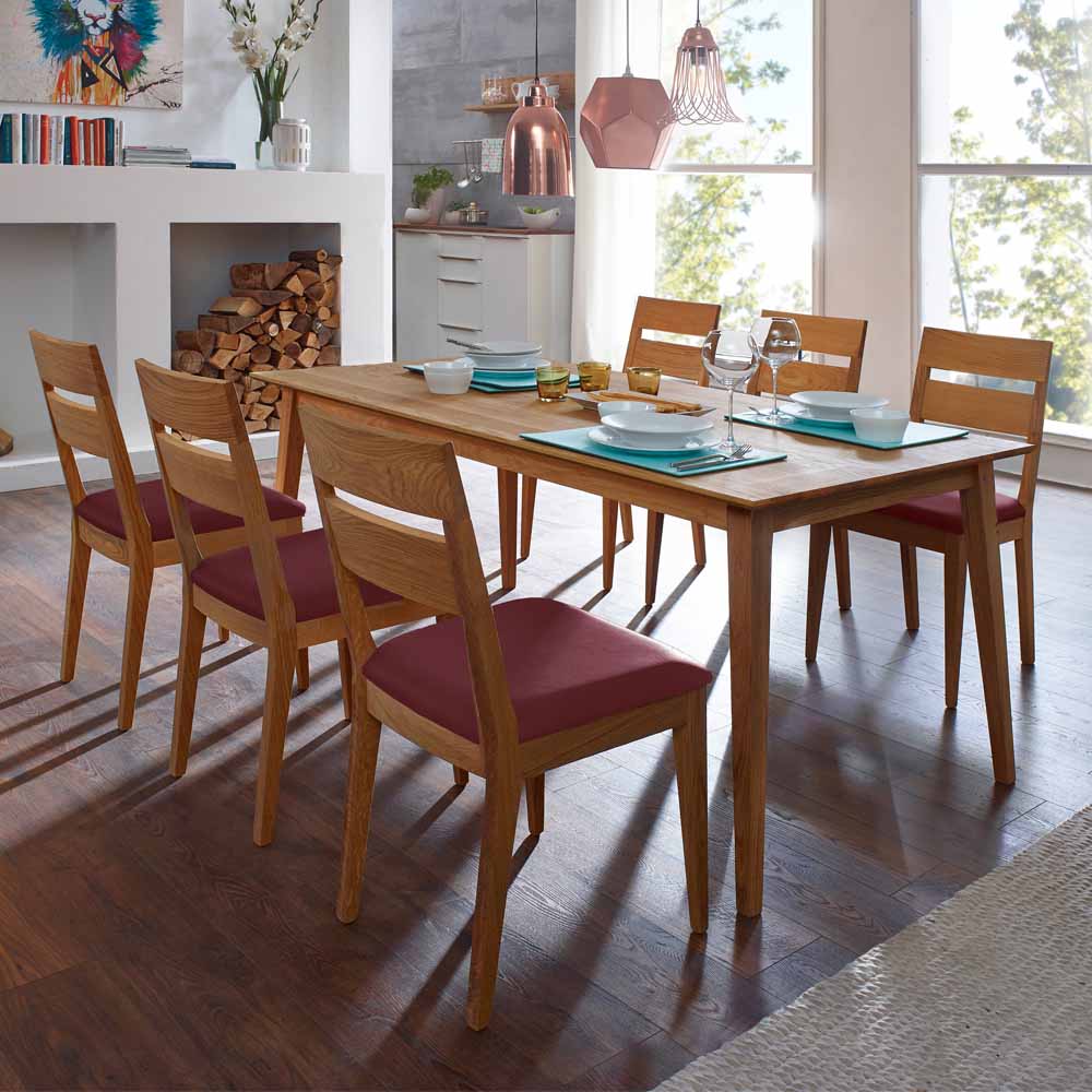 Esstisch mit Stühlen Eleva aus Wildeiche Massivholz Rot Kunstleder (siebenteilig)
