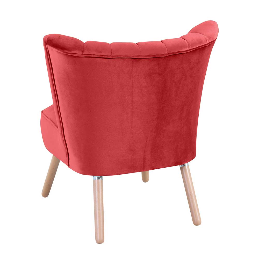 Sessel Samt Rot Desancto im Retrostil mit Vierfußgestell aus Holz