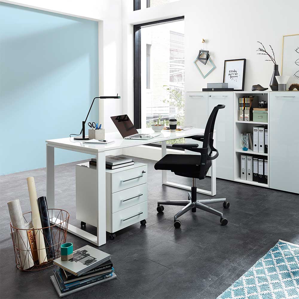 Büro Schreibtisch Rameros in Weiß mit Glas beschichtet 160 cm breit