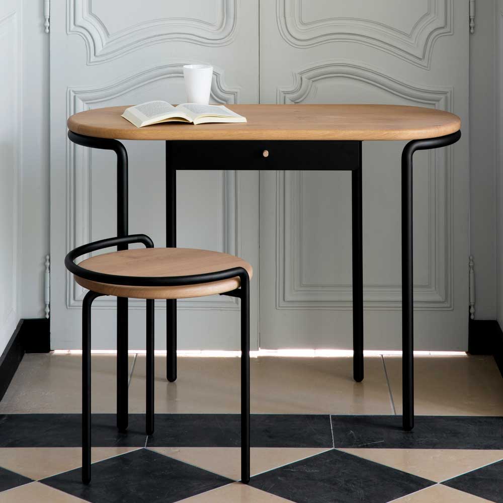 Schreibtisch mit Hocker Darina in Schwarz und Eiche massiv modern (zweiteilig)