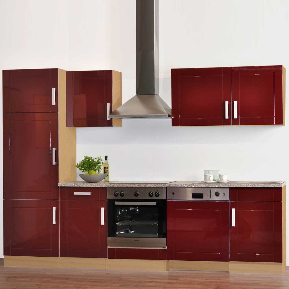 Hochglanz Küchenzeile Chicago in Rot 280 cm breit (siebenteilig)