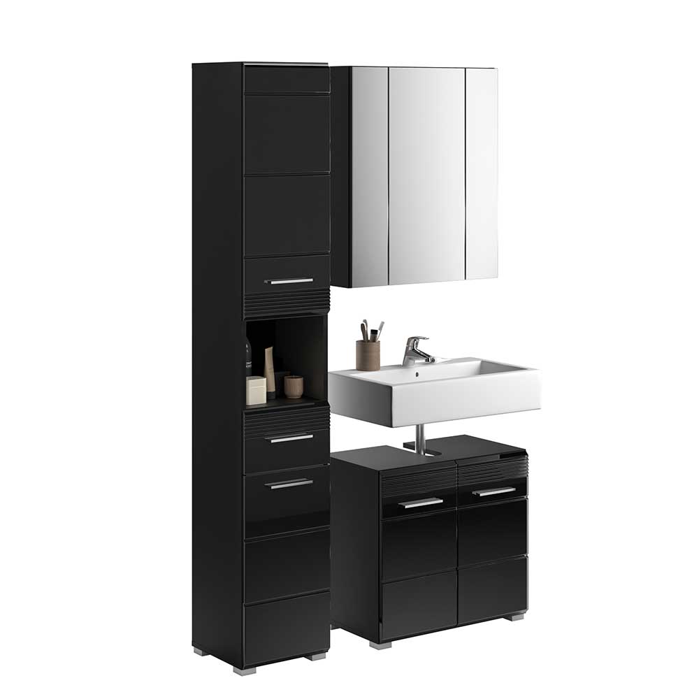 Badmöbel Reggio in Schwarz Hochglanz mit Spiegelschrank (dreiteilig)