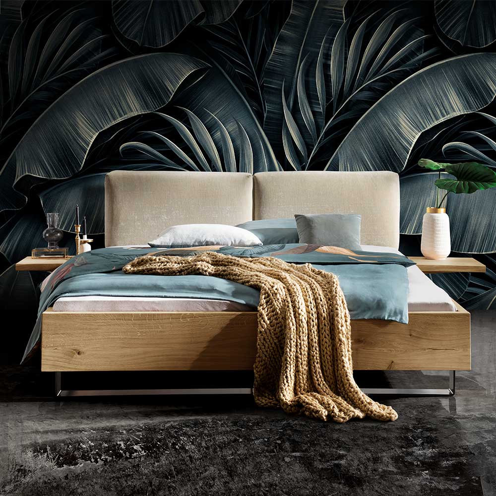 140x200 cm Bett Yoran aus Wildeiche Massivholz und Metall (dreiteilig)