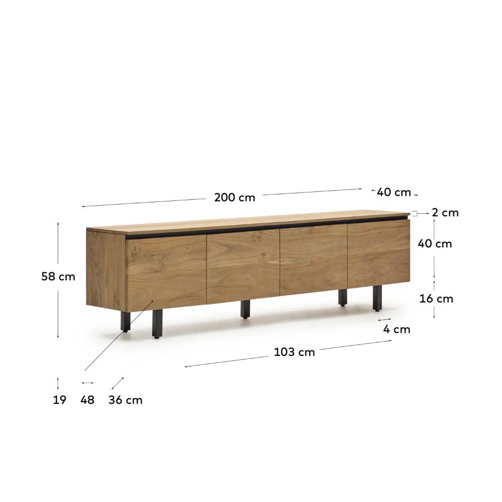 Skandi Design TV Sideboard Achillefs aus Akazie Massivholz 200 cm breit