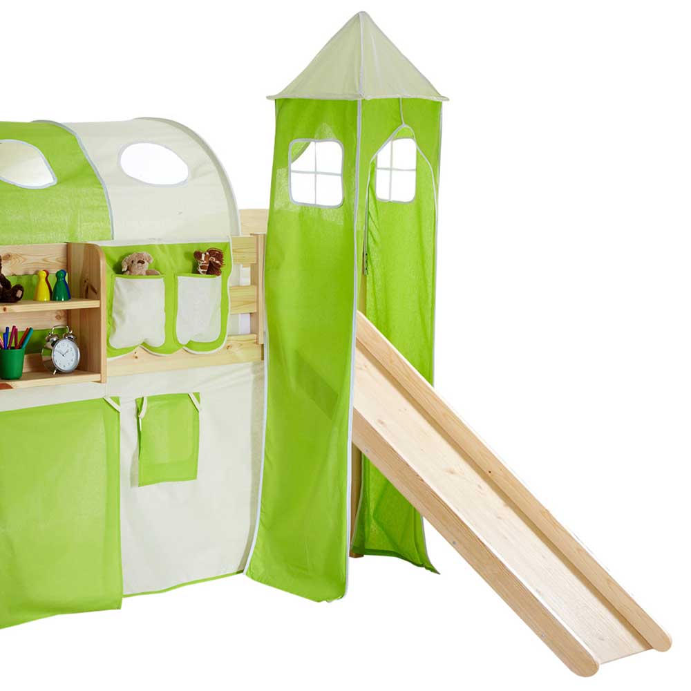 Kinderbett Cilarisa aus Kiefer Massivholz mit Turm in hell Grün