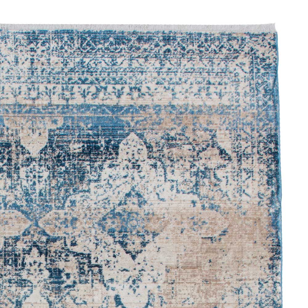 Vintage Kurzflor Teppich Jannios in Blau und Beige 1 cm hoch