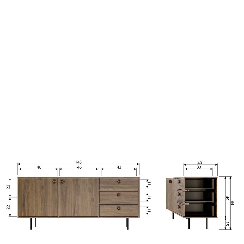 Sideboard Jatron in Walnussfarben mit drei Schubladen 145 cm breit