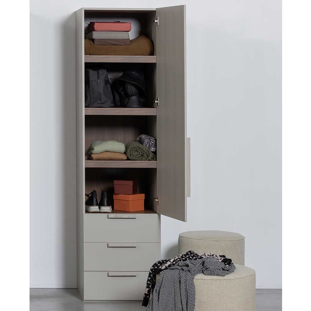 Schmaler Kleiderschrank Padru in Grau mit drei Schubladen