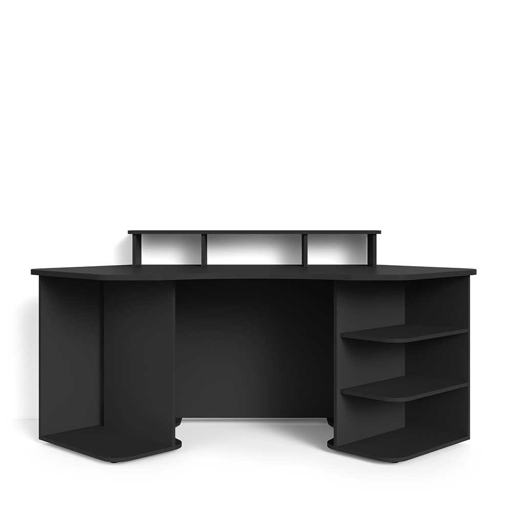 Schwarzer Gaming Schreibtisch Buffalo mit Seitenregalen und Bildschirmaufsatz