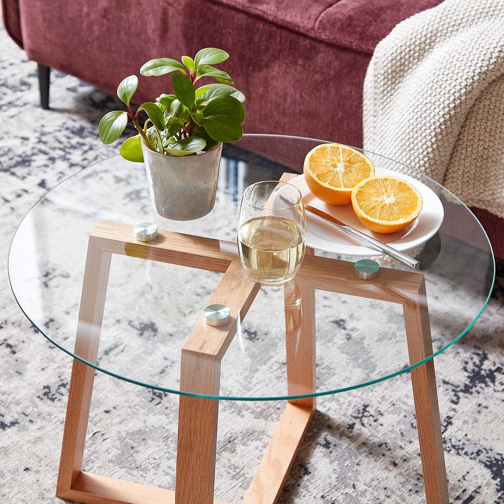 Skandi Design Couch Beistelltisch Clarina aus Glas und Eiche Massivholz