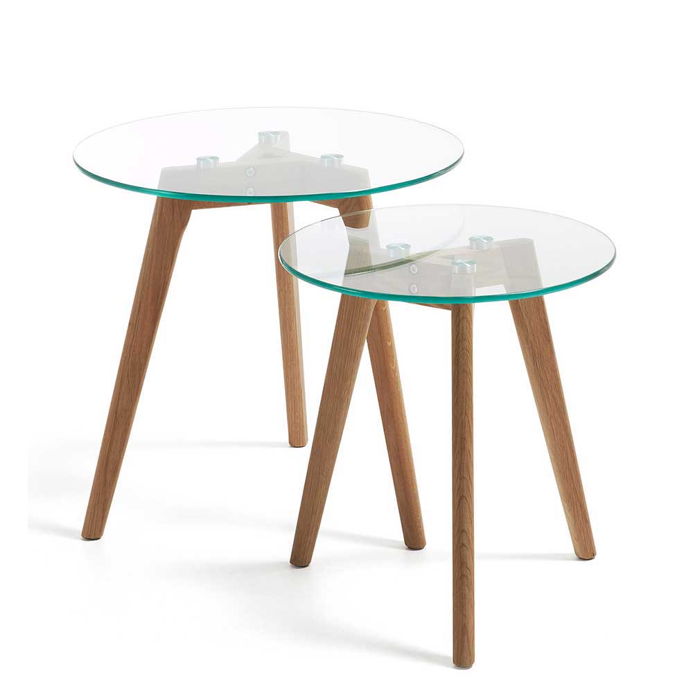 Beistelltisch Set Sunny aus Glas und Massivholz runde Tischform (zweiteilig)