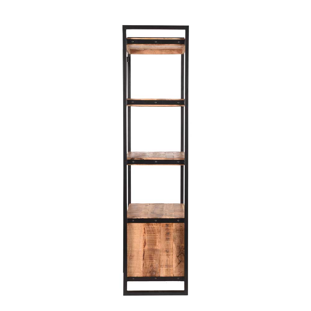 Industriedesign Bücherregal Tojanna aus Mangobaum Massivholz und Metall 185 cm hoch
