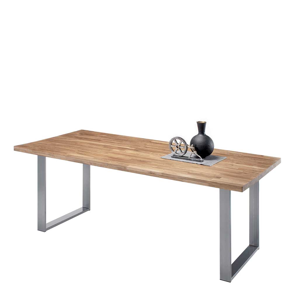 Loft Esstisch Saniela mit Massivholz Tischplatte und Bügelgestell in Silberfarben
