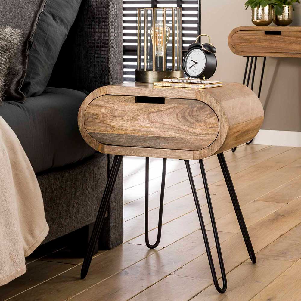 Nacht Tisch Onats aus Massivholz und Metall mit einer Schublade 50 cm breit