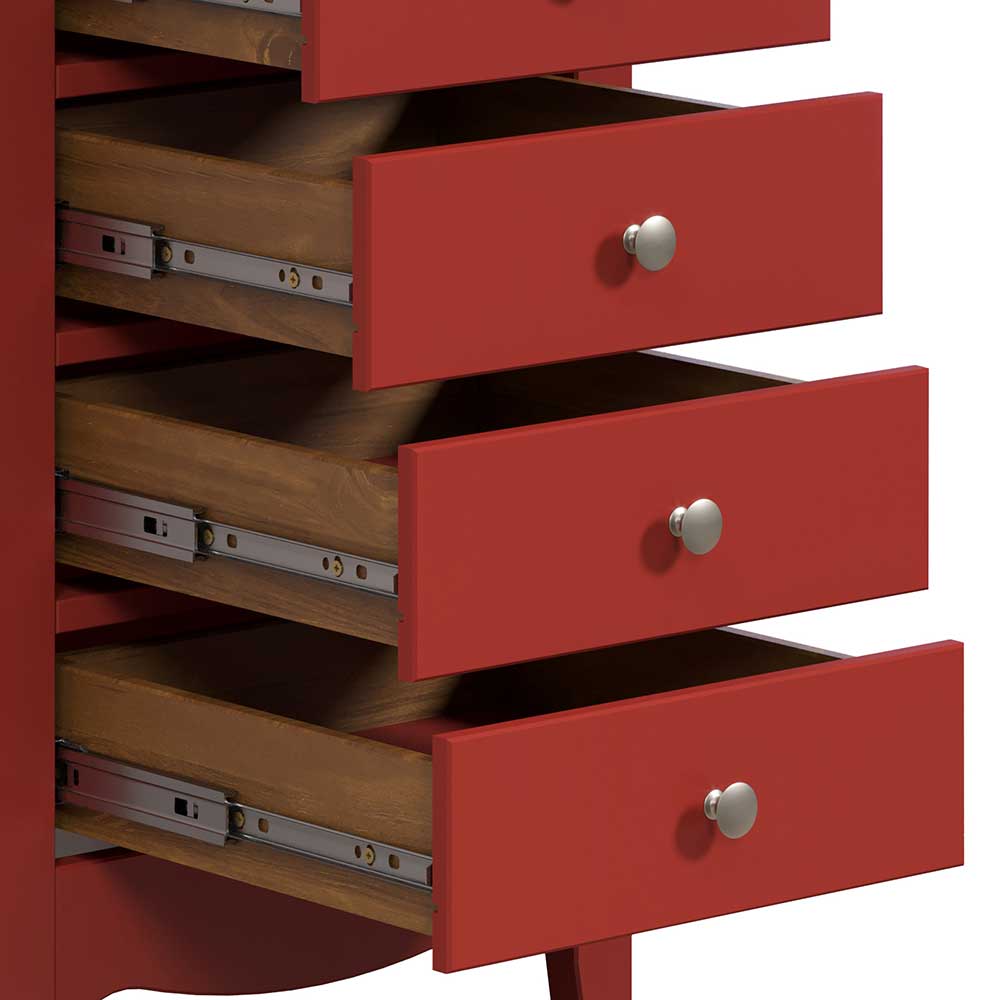 Landhaus Schubkastenkommode Flenco mit sechs Schubladen in Rot und Kiefer dunkel