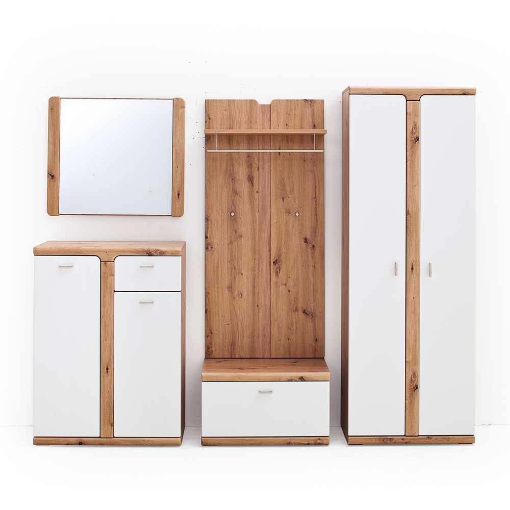 Garderobenmöbel Set Lyvrico in Weiß und Wildeiche Optik modern (fünfteilig)