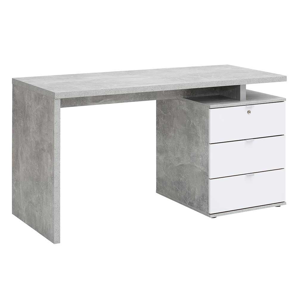 Schreibtisch Calasso mit Klappe in Weiß Hochglanz und Beton Grau