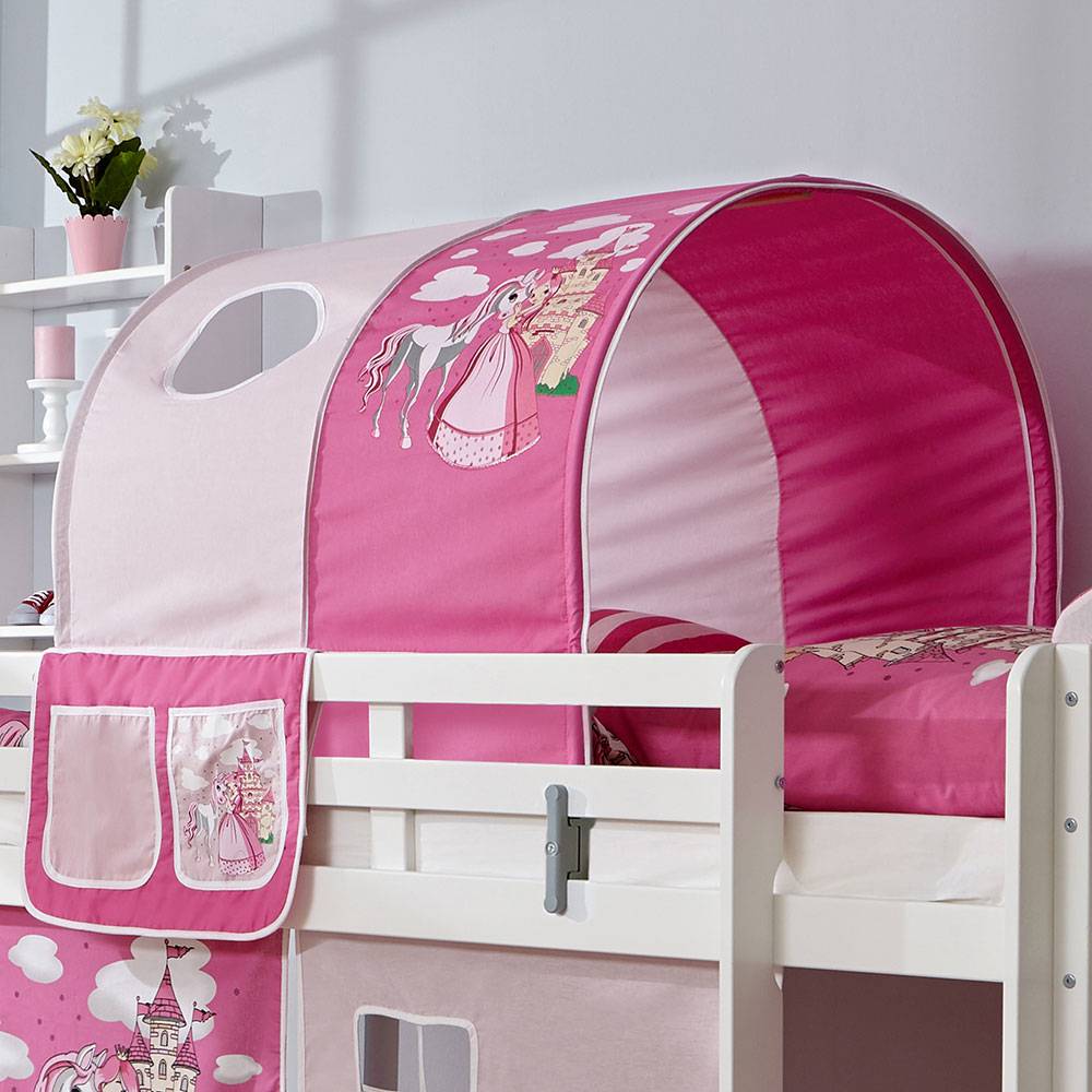Kinderzimmer Hochbett Bojea aus Buche Massivholz in Weiß im Prinzessin Design