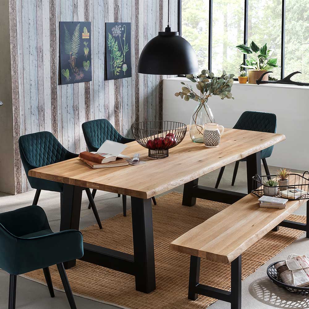 Baumkanten-Tisch Ortensia aus Eiche Massivholz und Metall