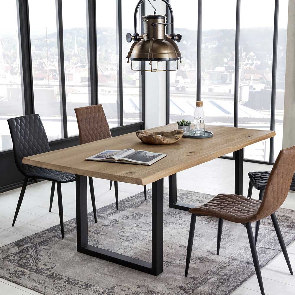 Tisch Esszimmer Varitim aus Wildeiche Massivholz & Metall mit Bügelgestell