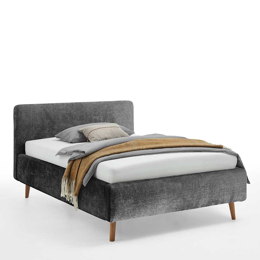 Gepolstertes Bett 140x200 cm Ziamura in Anthrazit mit Vierfußgestell aus Holz