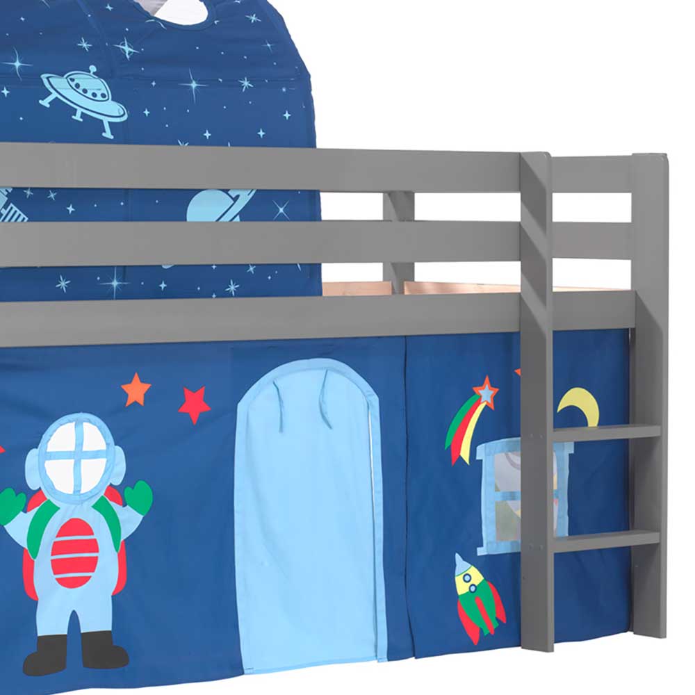 Jungs Hochbett Samos in Grau und Blau mit Stofftunnel Astronaut Motiv