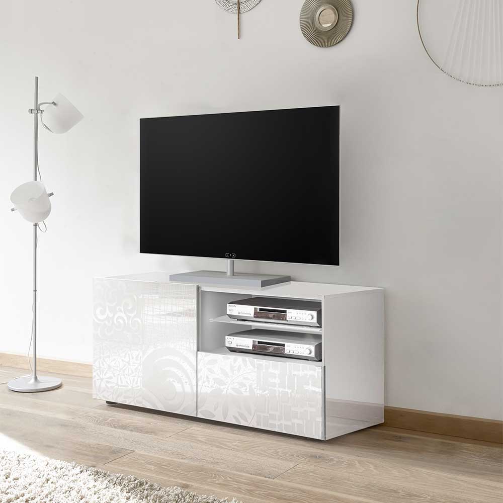 TV Board Peledrav in Hochglanz Weiß mit floralem Siebdruck verziert