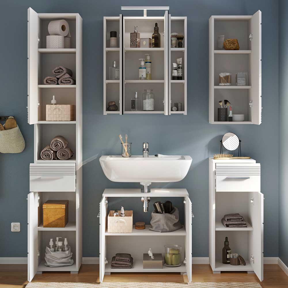 Badezimmermöbel Set Alessia in Weiß Hochglanz 182 cm hoch (fünfteilig)