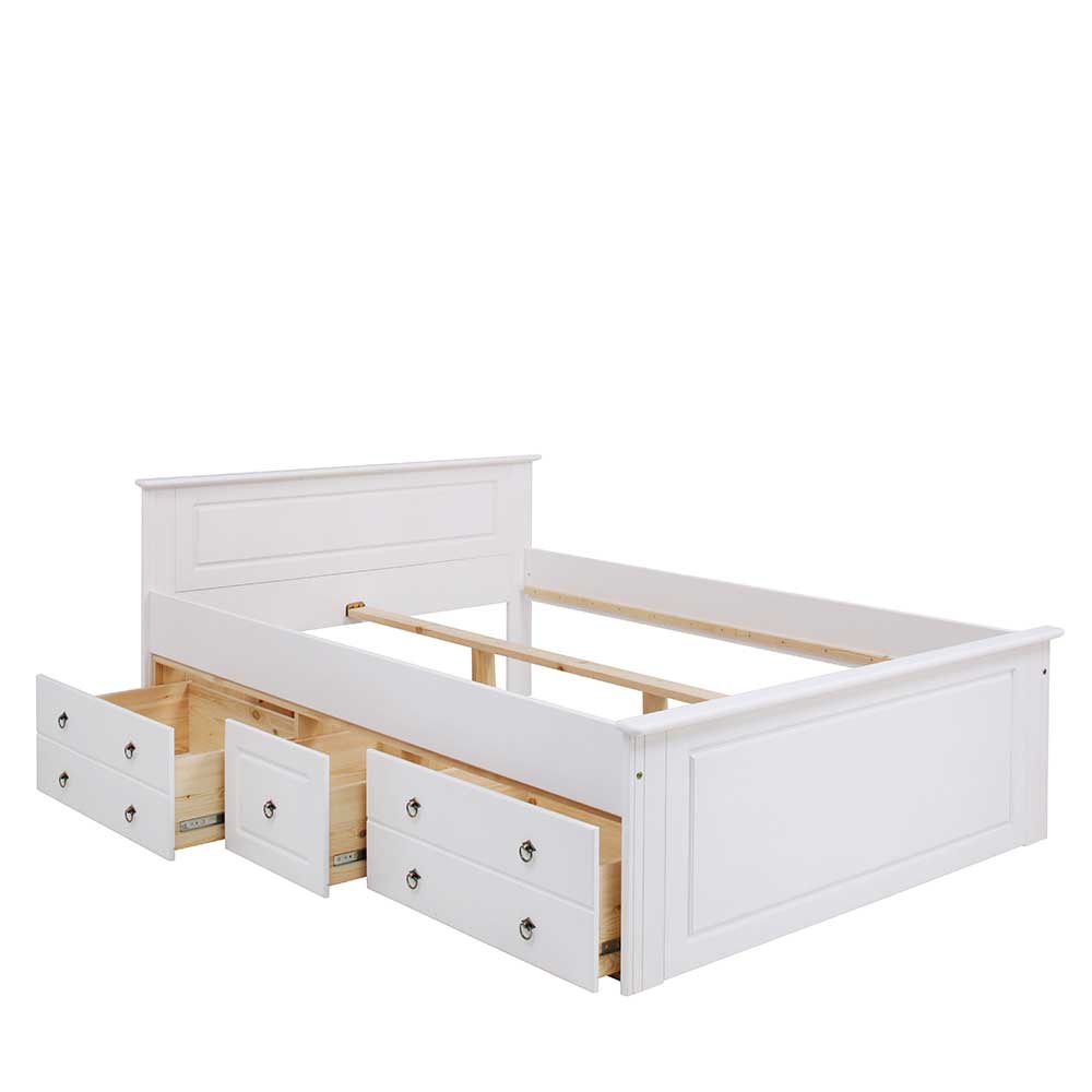 Holz Doppelbett Sadanos in Weiß Kiefer massiv im Landhaus Design