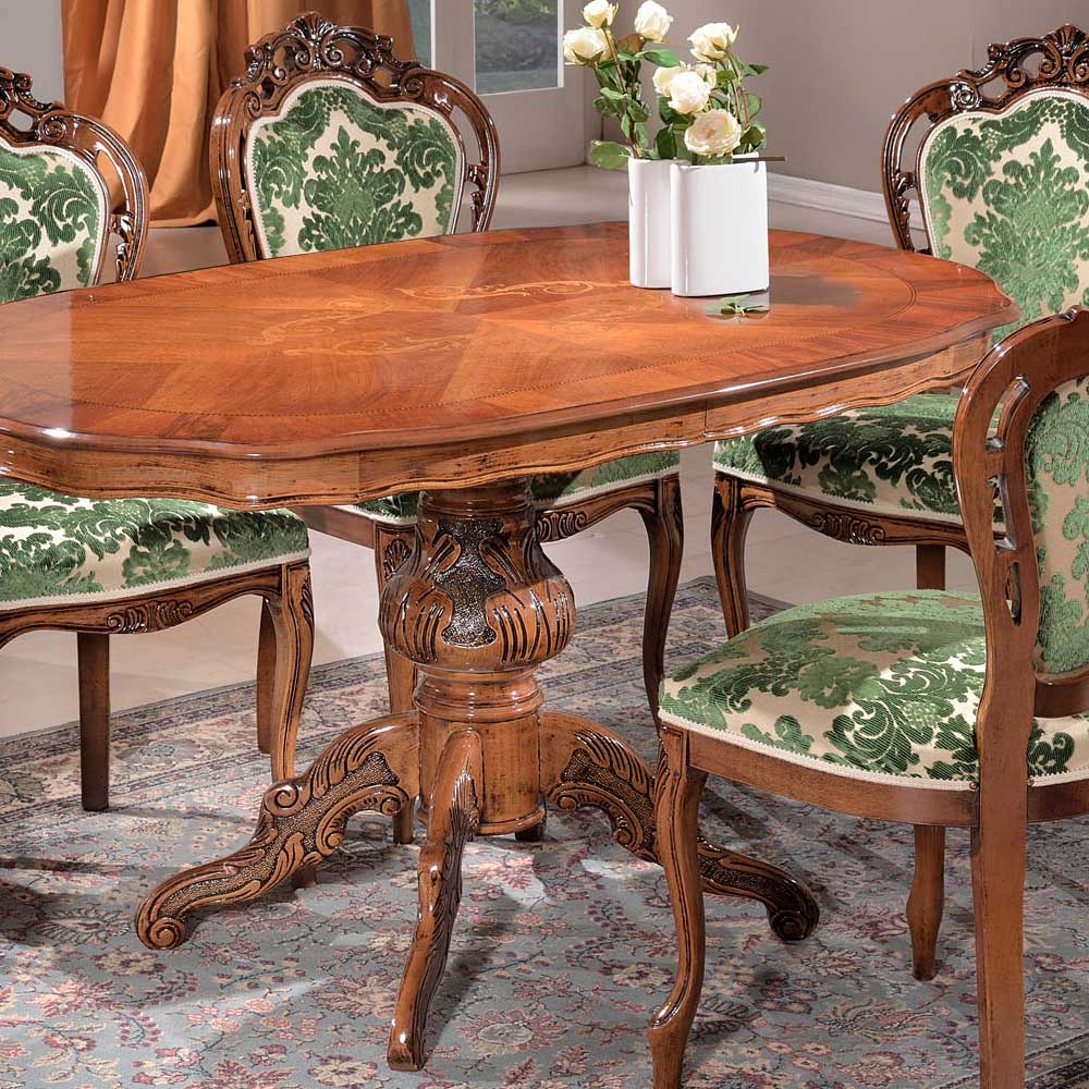 Barock Design Sitzgruppe Adessa in Grün und Nussbaum mit ovalem Tisch (sechsteilig)