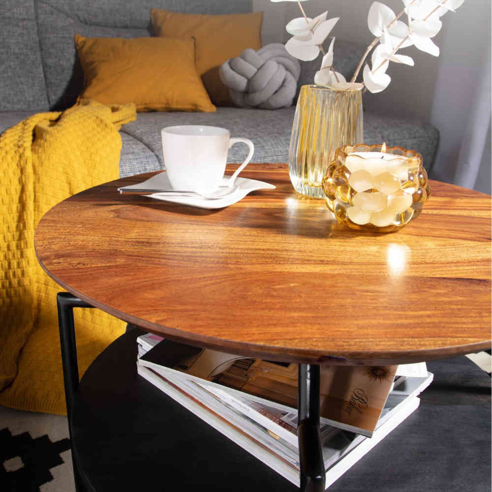 Runder Wohnzimmer Tisch Barne aus Massivholz und Metall 45 cm hoch