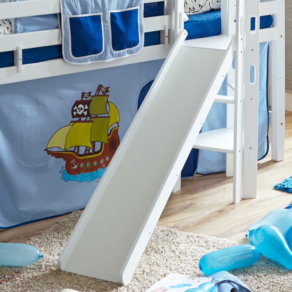 Pirat Spielbett Bilboa in Weiß Buche massiv mit Rutsche und Vorhang in Blau
