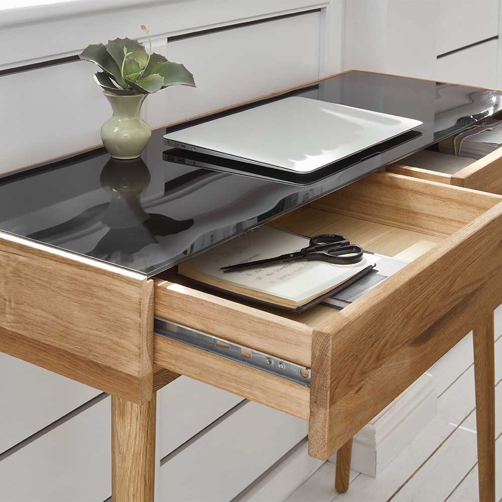 Laptopschreibtisch Lioberta aus Eiche Massivholz und Glas im Skandi Design