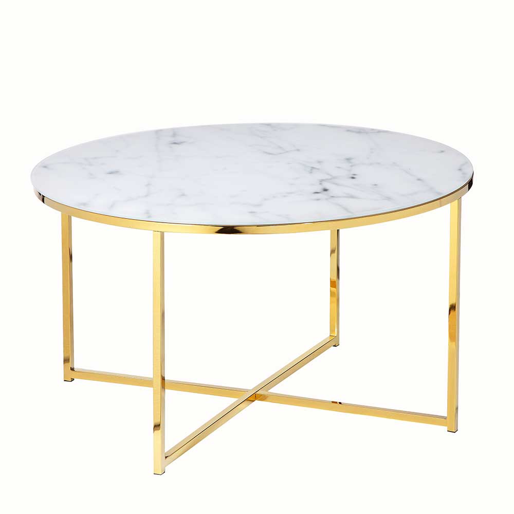 Retro Glas Tisch Enzigo in Weiß und Goldfarben rund