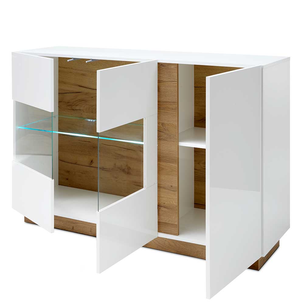 Design Sideboard Franvos in Weiß und Wildeiche Optik mit Glas