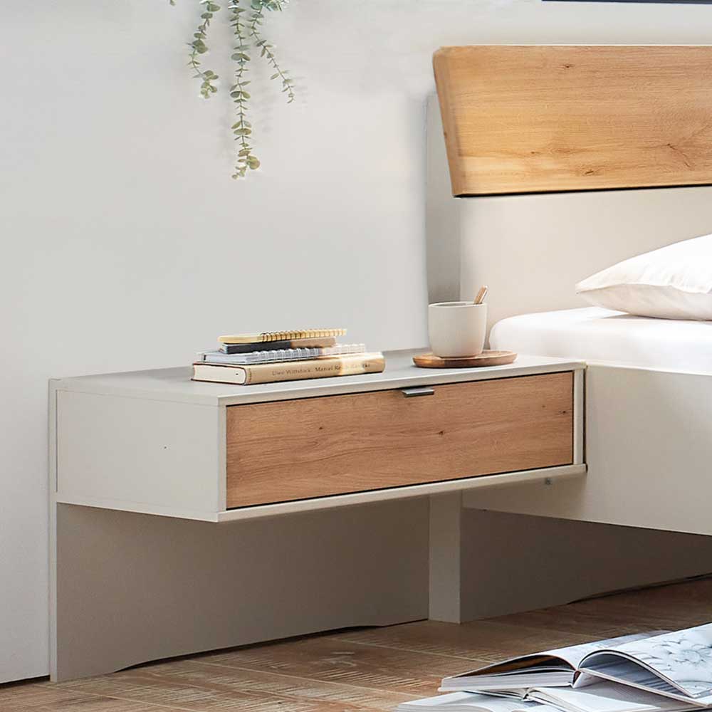 Modernes Doppelbett Miltom in Eiche Bianco und Beige Made in Germany