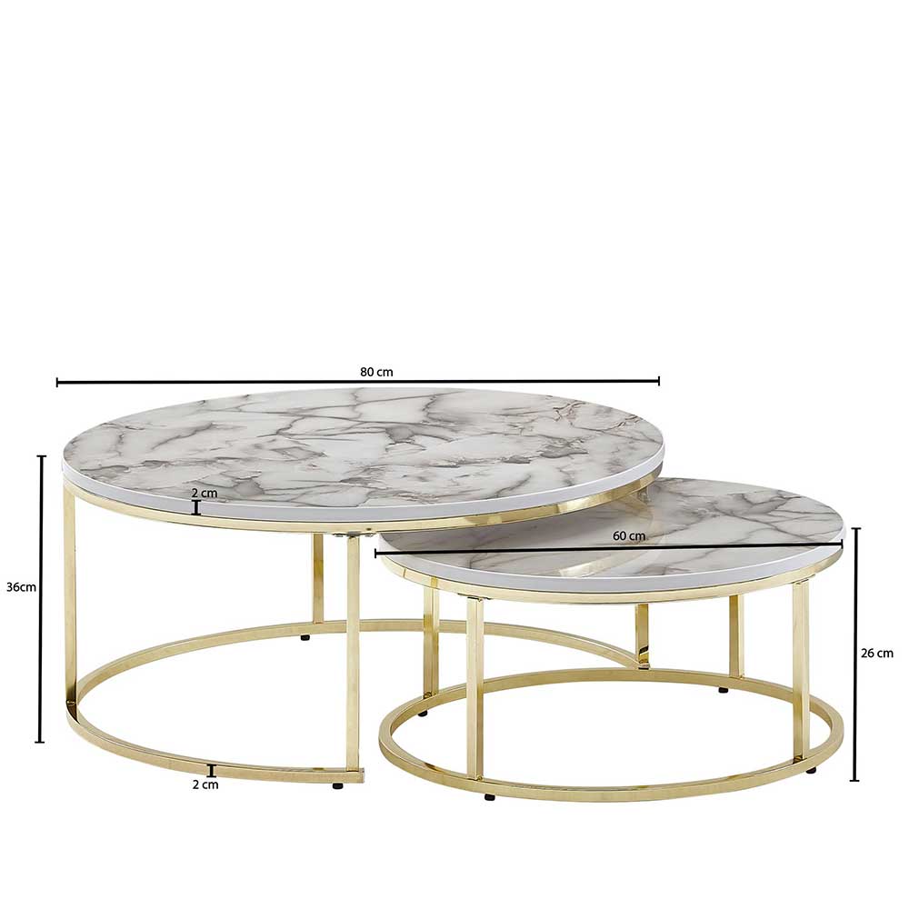 Wohnzimmer Tisch Set Synaro in Weiß Hochglanz Marmor Optik und Gold (zweiteilig)