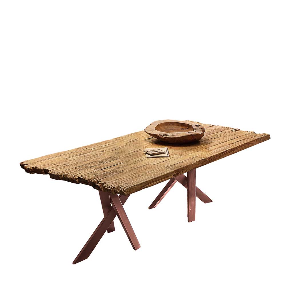 Holztisch rustikal Manaos in Braun und Teakfarben mit Sechsfußgestell