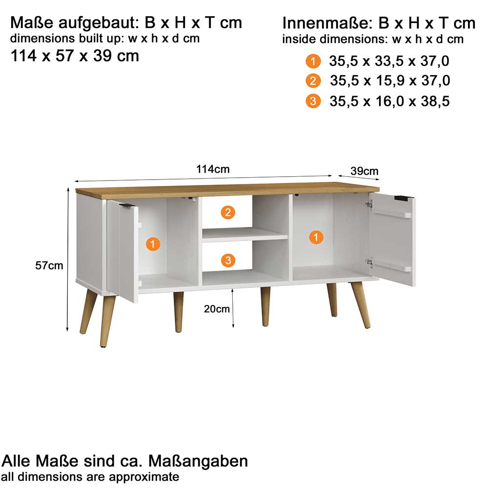 Skandi Design TV Lowboard Scandrec in Weiß und Kiefer Honigfarben 57 cm hoch