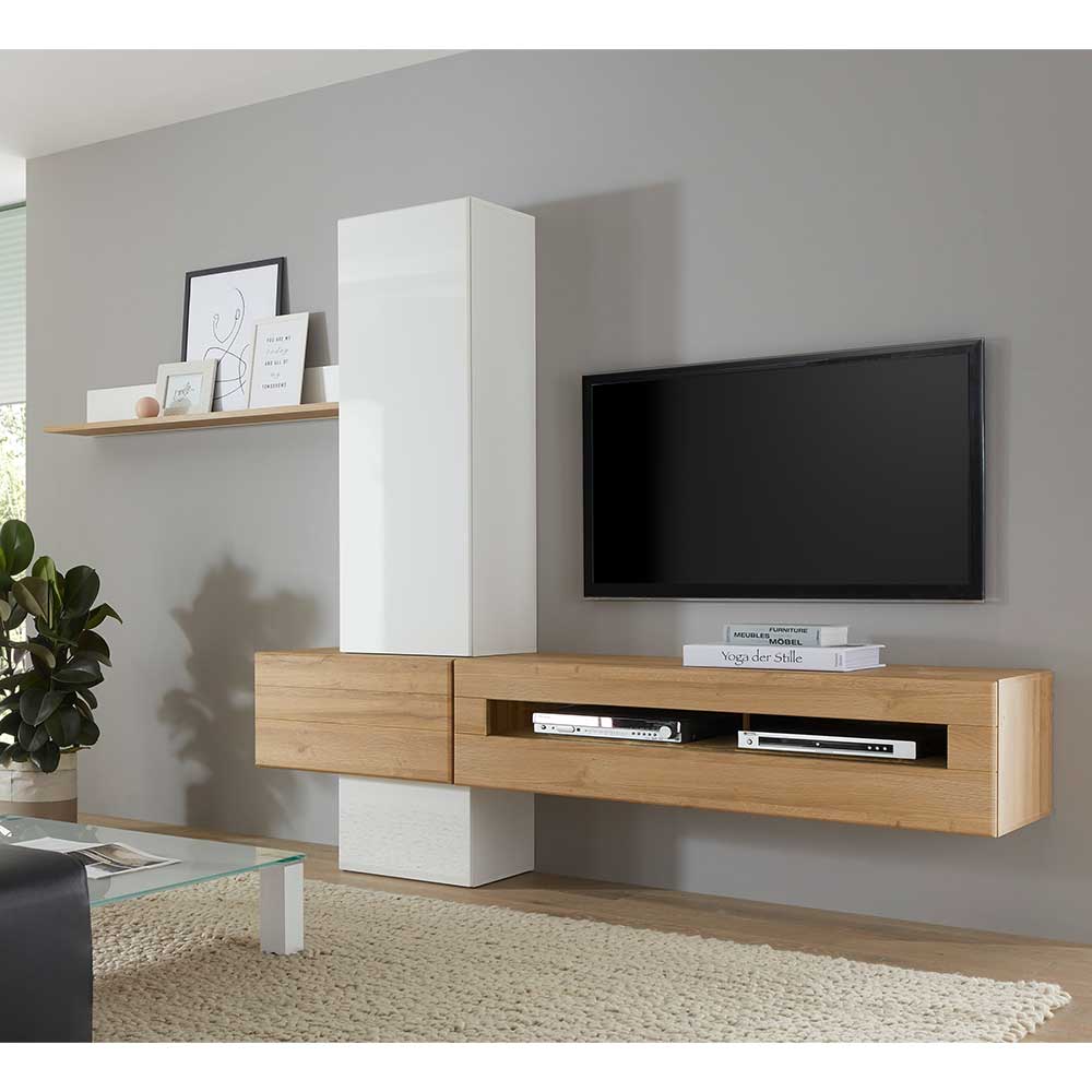 TV Wohnwand Aulianda in Weiß Hochglanz und Wildeiche Optik 210 cm breit (fünfteilig)