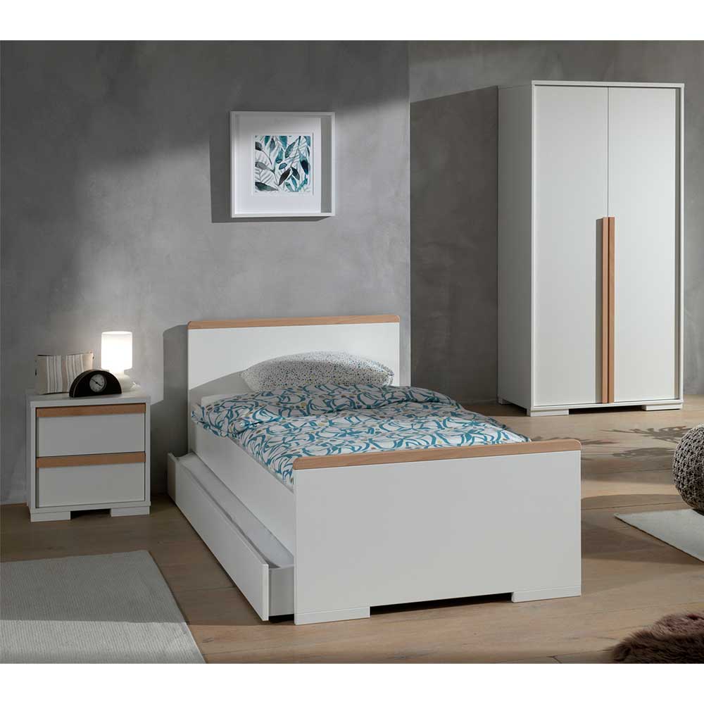 Jugend Schlafzimmer Set Handican in Weiß und Buche (dreiteilig)