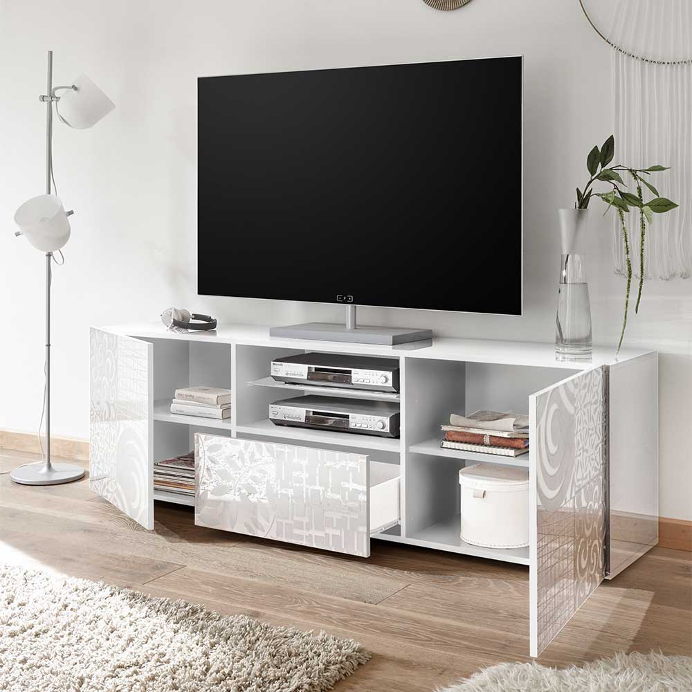 Hochglanz TV Sideboard Peledrav in Weiß mit floralem Siebdruck verziert