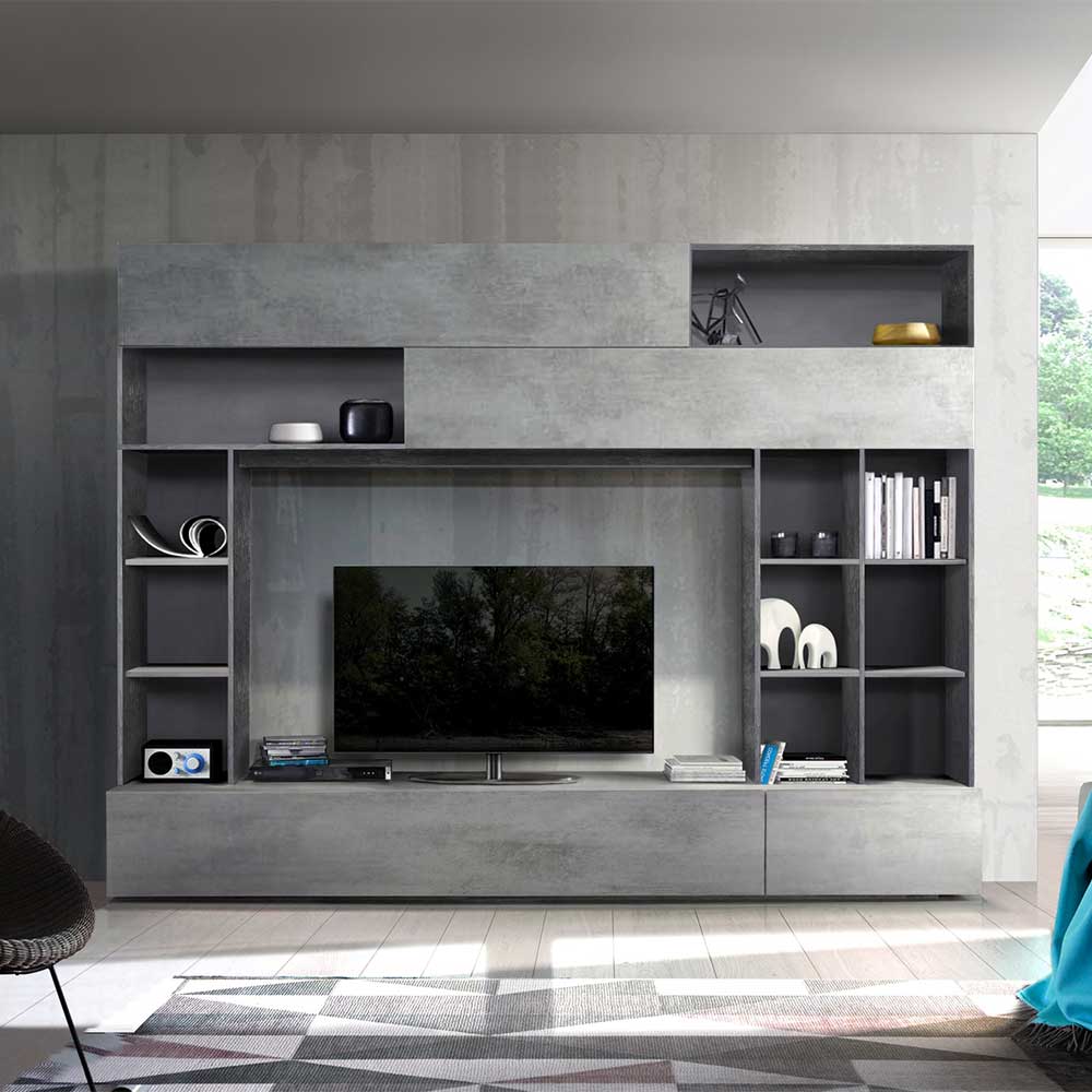 Fernsehwand Ennah in Beton Grau und Dunkelgrau modern