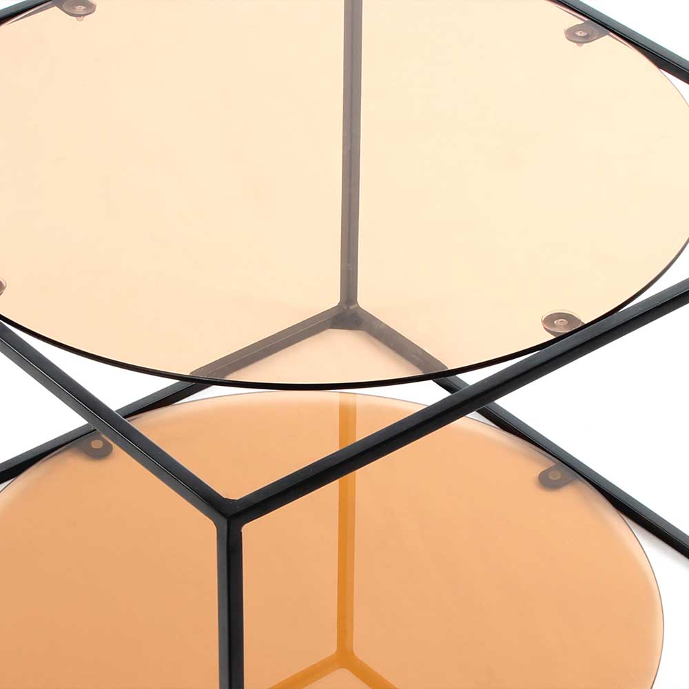 Glastisch Praseida mit runden Platten in Terracotta und Metallgestell in Schwarz